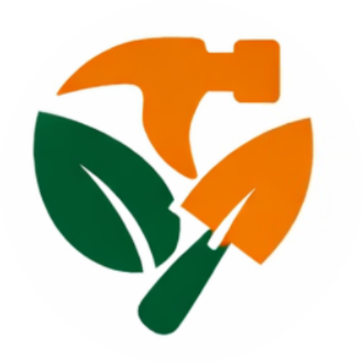 logo Logo Meilleurs Outils représentant un marteau orange croisé avec une pelle et une feuille verte, symbolisant le bricolage et le jardinage.